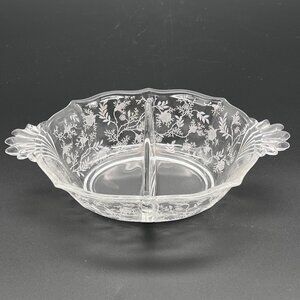 Vintage Fostoria Baroque Navarre Etched Glass Divided Serving Dish Floral Design